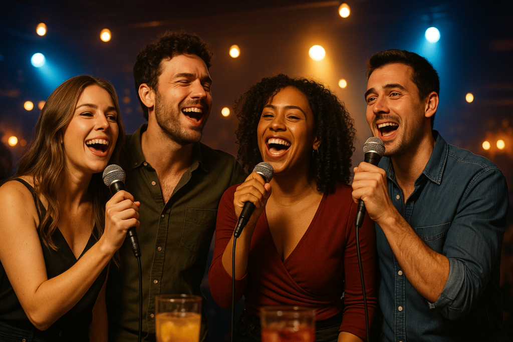 Four friends, two women and two men, sing karaoke together at a lively bar, each holding a microphone and smiling brightly under warm, colorful lights, with drinks on the table in front of them.