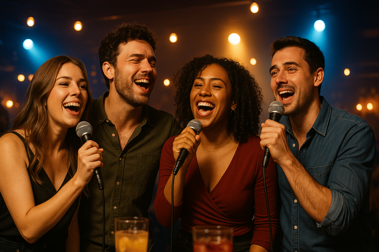 Four friends, two women and two men, sing karaoke together at a lively bar, each holding a microphone and smiling brightly under warm, colorful lights, with drinks on the table in front of them.