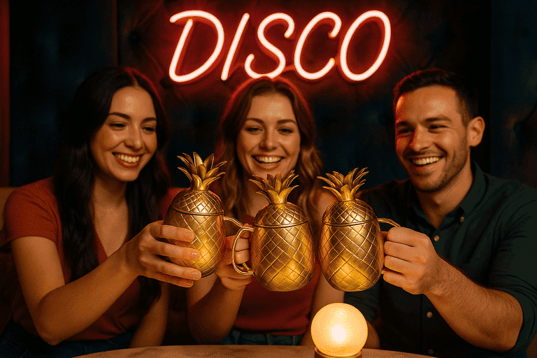 A group of friends clinking gold pineapple mugs under a neon "Light It Up" sign, creating a festive and luxurious tropical vibe.