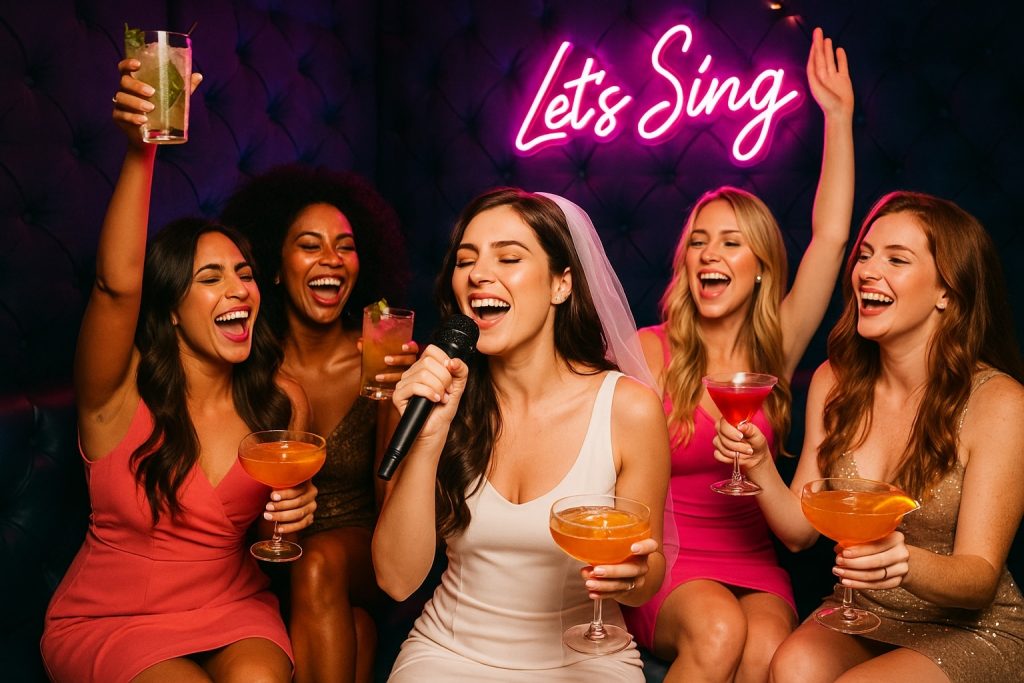 Group of women enjoying a private karaoke room at The Gaslamp Lighter in San Diego’s Gaslamp Quarter, celebrating a bachelorette party with cocktails and music.