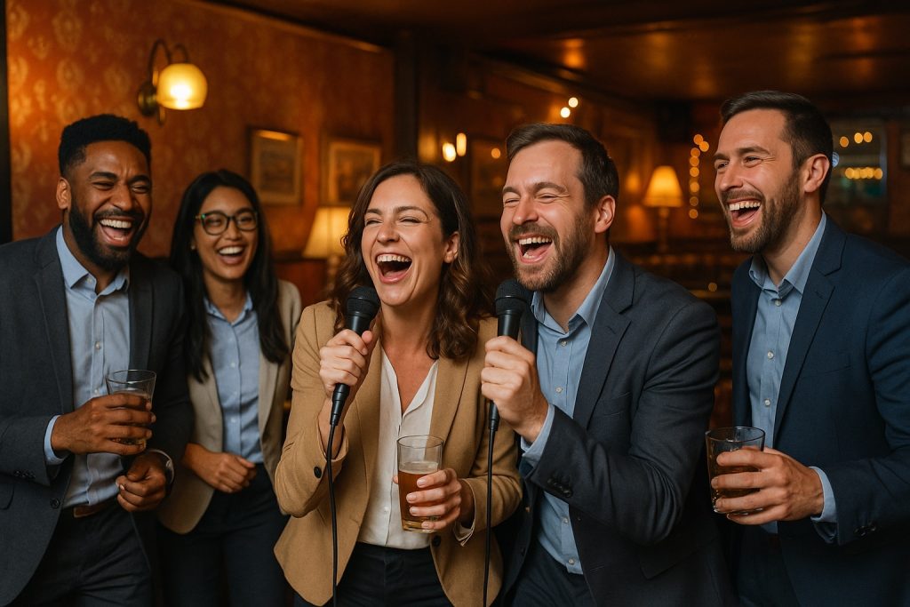 Group of coworkers enjoying karaoke happy hour at a vintage bar in San Diego