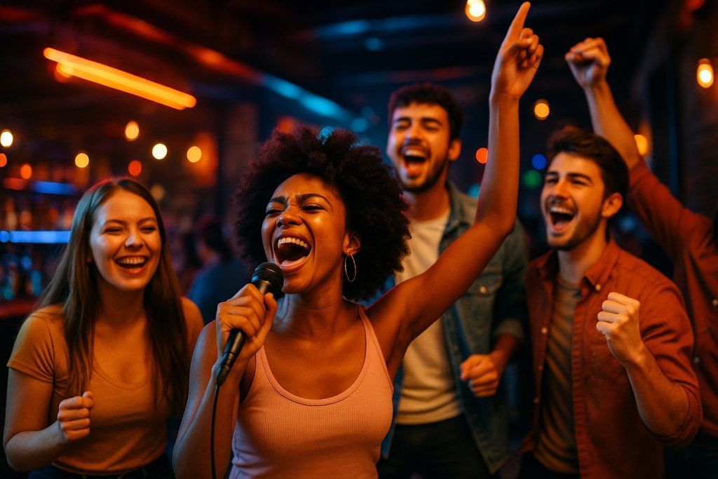 Gen Z friends enjoying a lively karaoke night at The Gaslamp Lighter in San Diego, singing and laughing together.