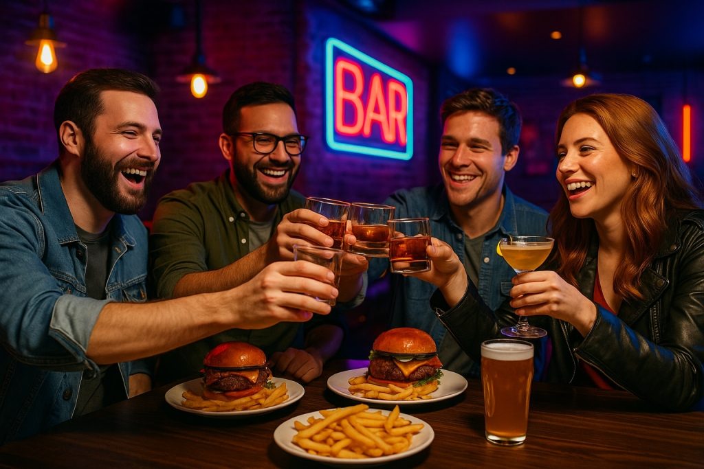 Group of friends enjoying burgers, bourbon, and cocktails at a trendy bar in San Diego, perfect for a guys’ night out.