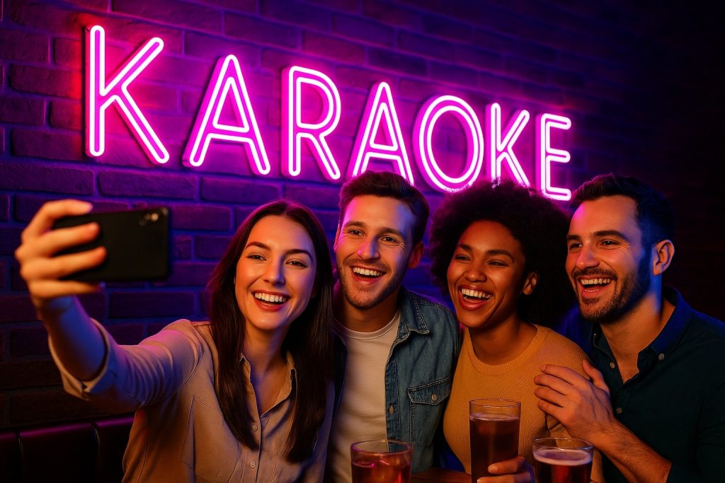 Group of friends taking selfies in front of the neon karaoke wall at The Gaslamp Lighter in San Diego.