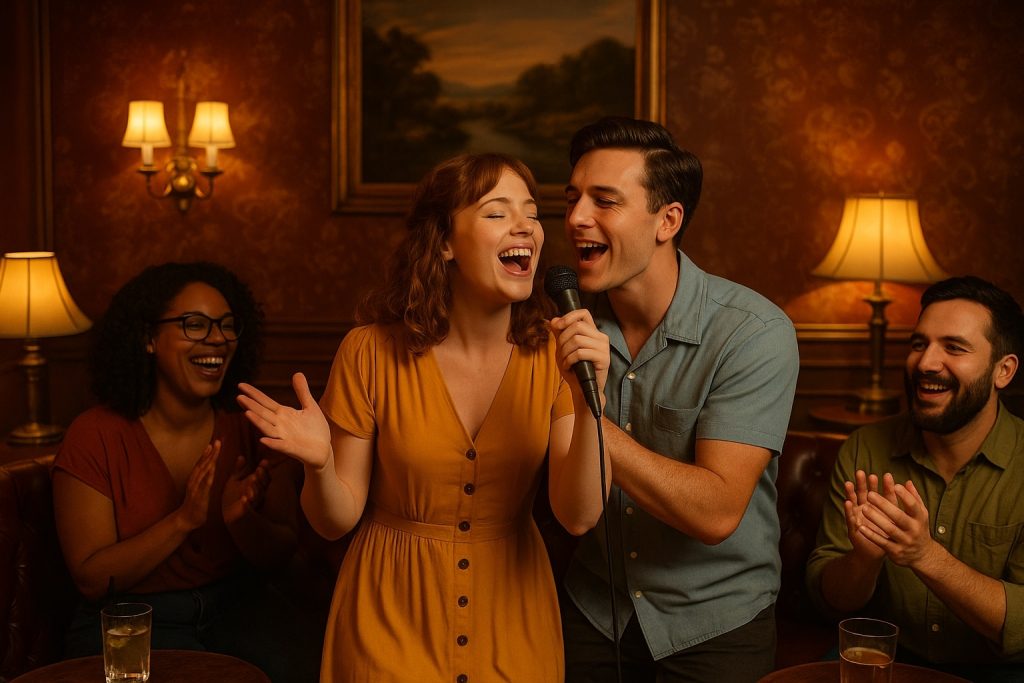 Friends singing a Disney duet in a vintage karaoke room at The Gaslamp Lighter in San Diego.