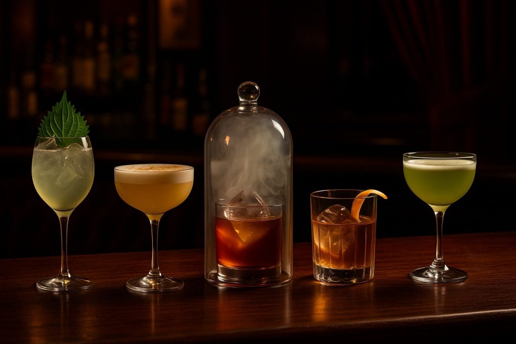 Selection of trending 2025 cocktails served on a bar counter at a lounge in San Diego.