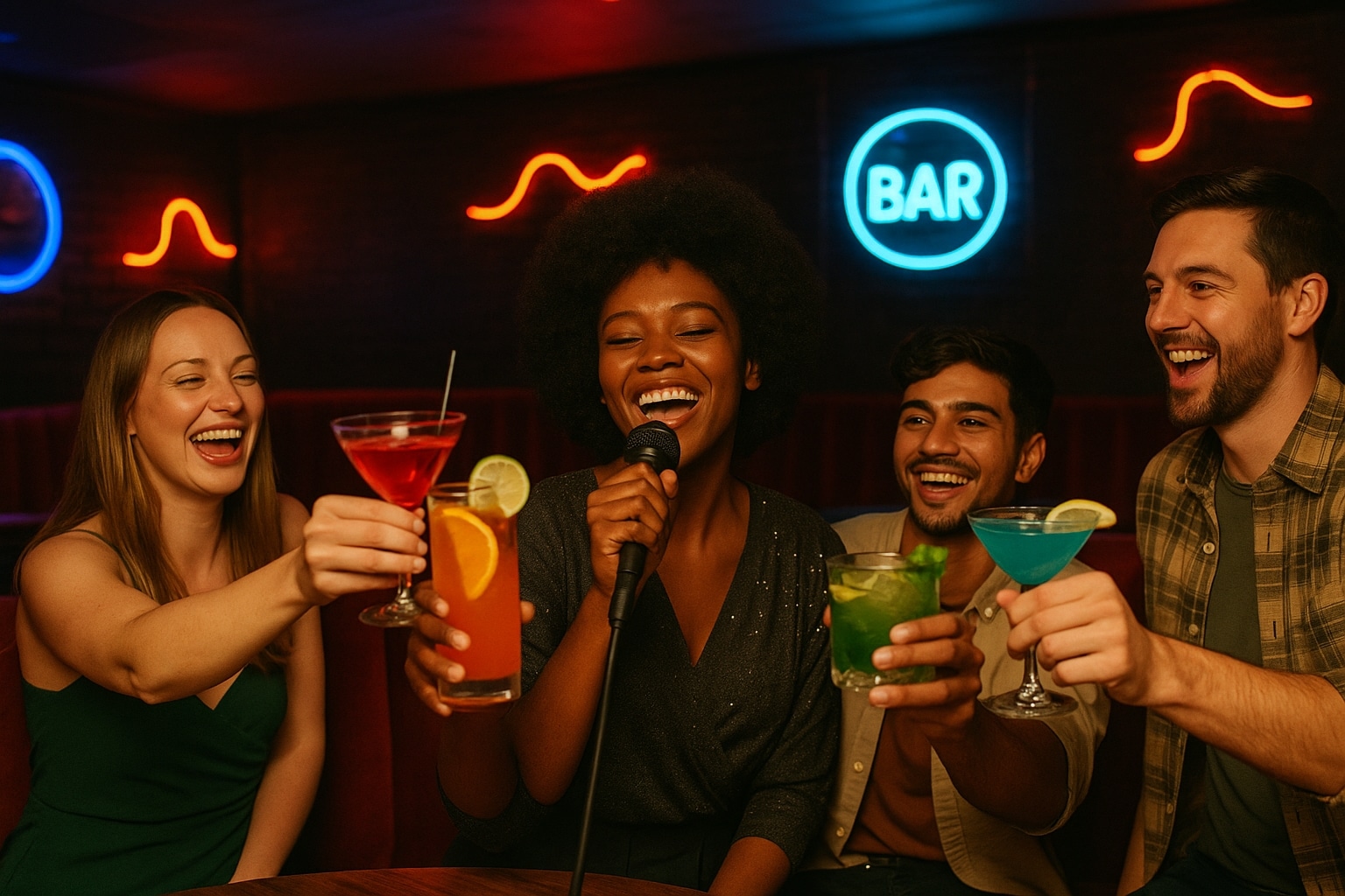 Friends celebrating a birthday with cocktails and karaoke in a retro San Diego lounge