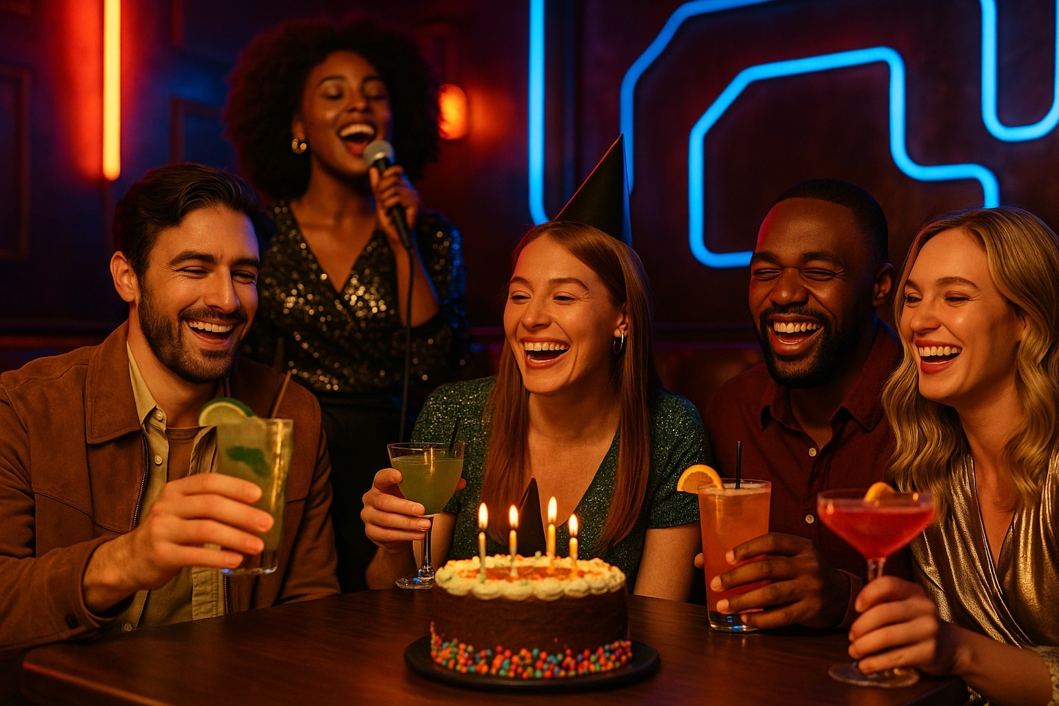 Group enjoying a birthday party at a neon-lit karaoke bar in San Diego with drinks and cake.