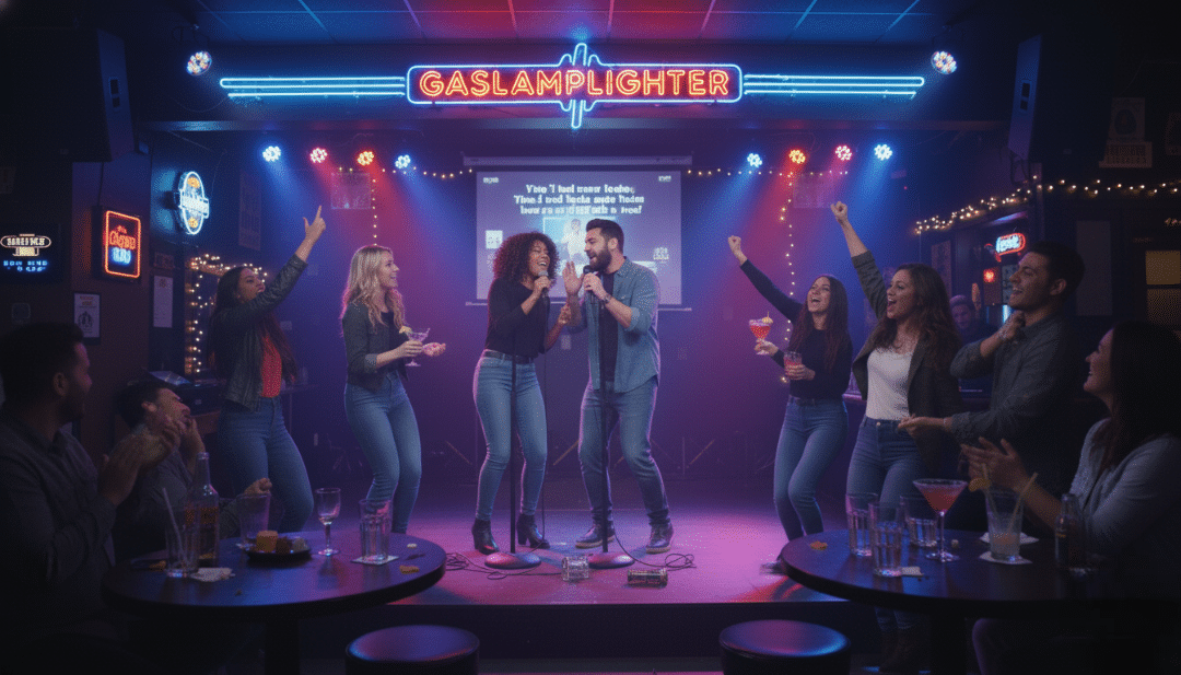 Friends performing a karaoke duet at GaslampLighter in San Diego with neon lights and a cheering crowd