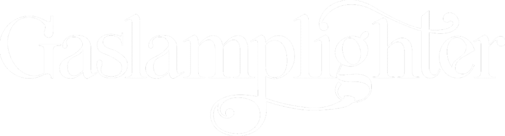 The word "Gaslamplighter" is written in an elegant, white, decorative script font on a light background.