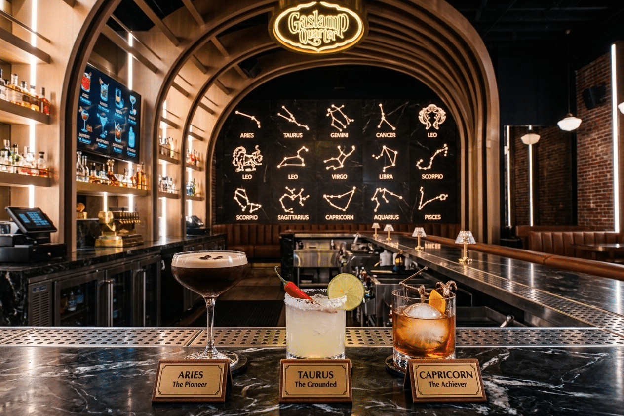 Luxury cocktails including Espresso Martini, Spicy Margarita, and Old Fashioned inspired by zodiac signs at GaslampLighter San Diego
