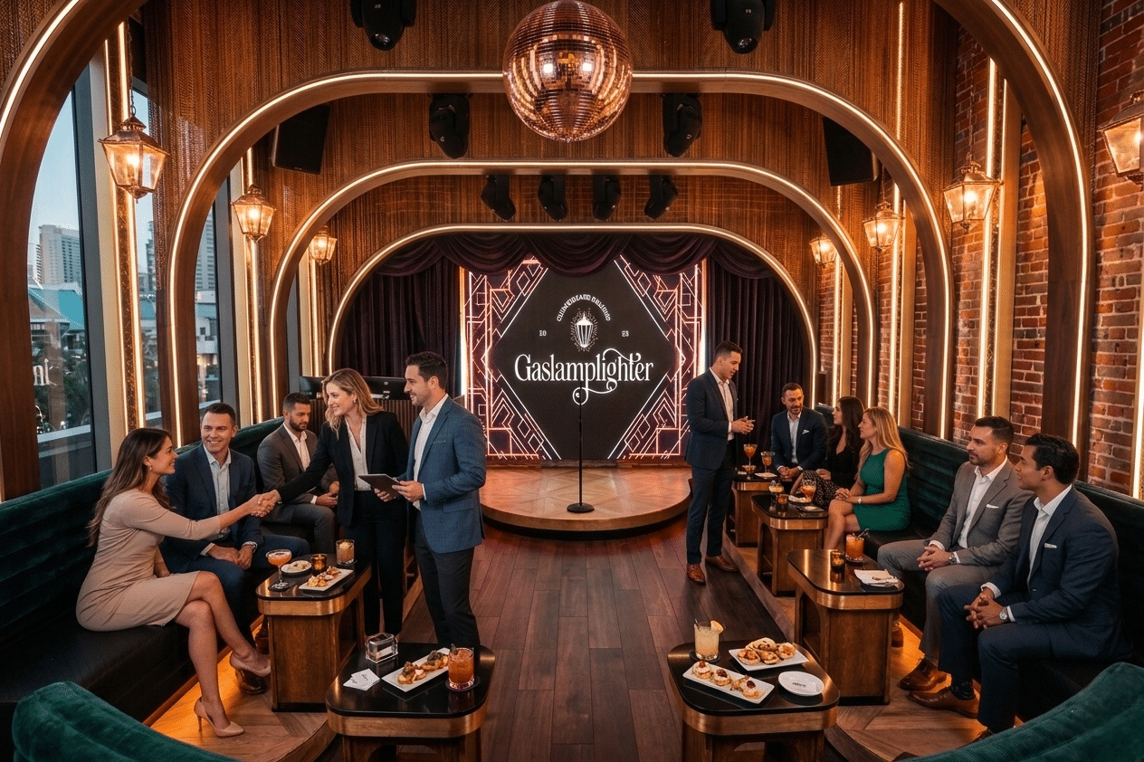 Professionals enjoying client entertainment ideas during an upscale happy hour in downtown San Diego