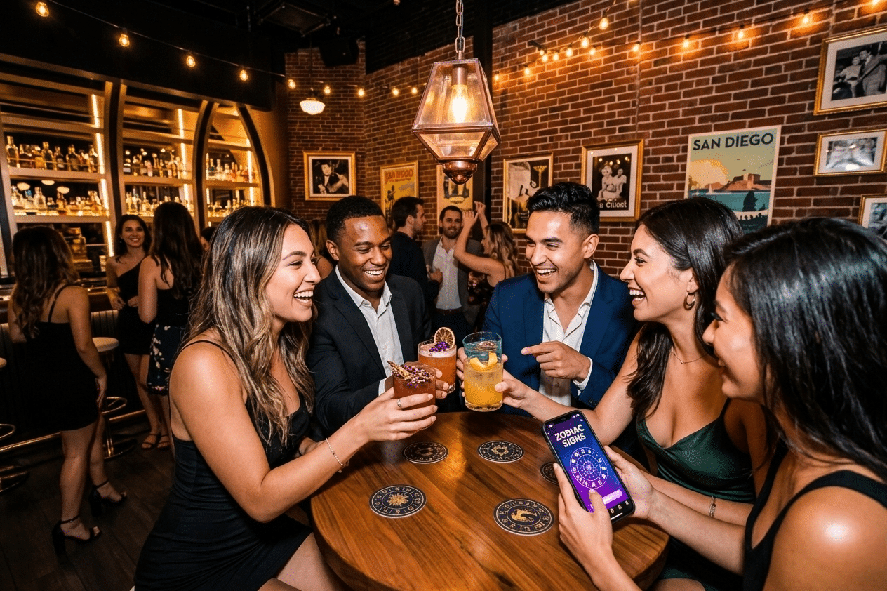Friends enjoying zodiac-inspired cocktails during nightlife in San Diego at GaslampLighter with signature drinks and fun social atmosphere