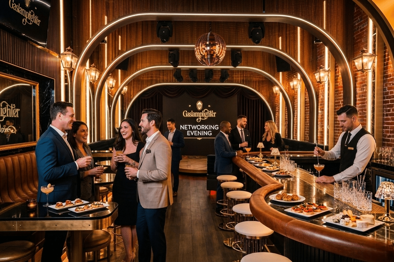 Clients enjoying live music and cocktails during a corporate entertainment event in San Diego Gaslamp Quarter