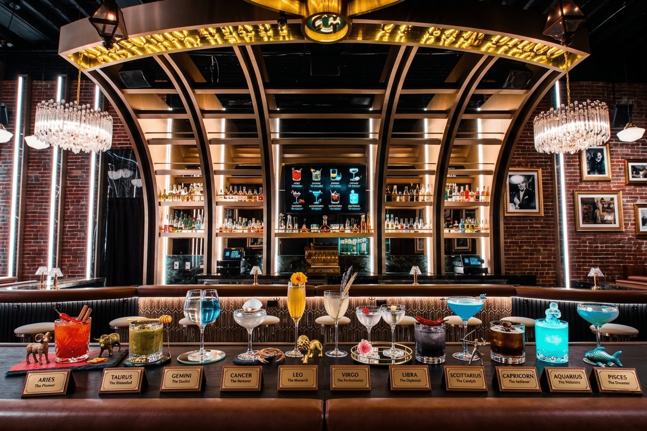 Zodiac-themed cocktails at a stylish San Diego bar featuring signature drinks for every zodiac sign and upscale nightlife atmosphere