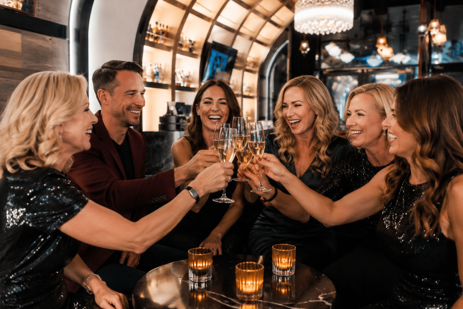 Friends making a champagne toast to celebrate new beginnings during a divorce party in San Diego