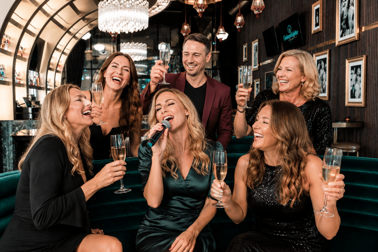 Friends celebrating a divorce party with karaoke and champagne at a lively San Diego nightlife venue