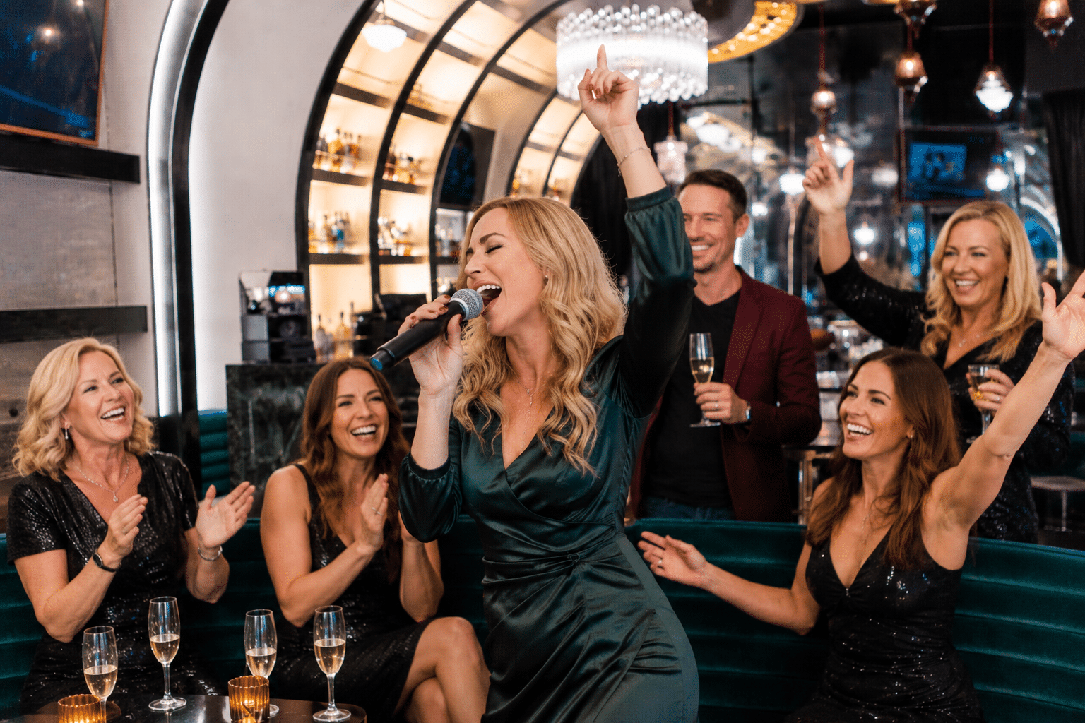 Woman singing karaoke during a divorce party celebration with supportive friends in San Diego