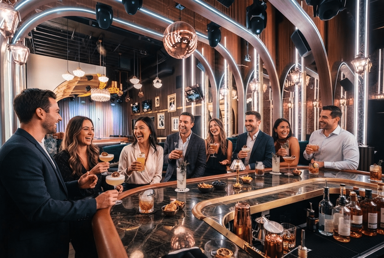 Coworkers enjoying craft cocktails and socializing during a corporate karaoke event at a stylish San Diego nightlife venue.