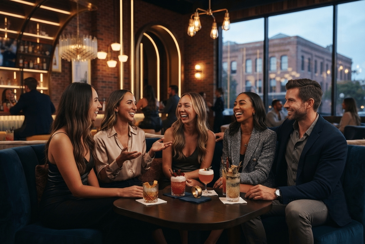 Friends sharing cocktails at one of San Diego’s inviting social club meetup spots in the Gaslamp Quarter.
