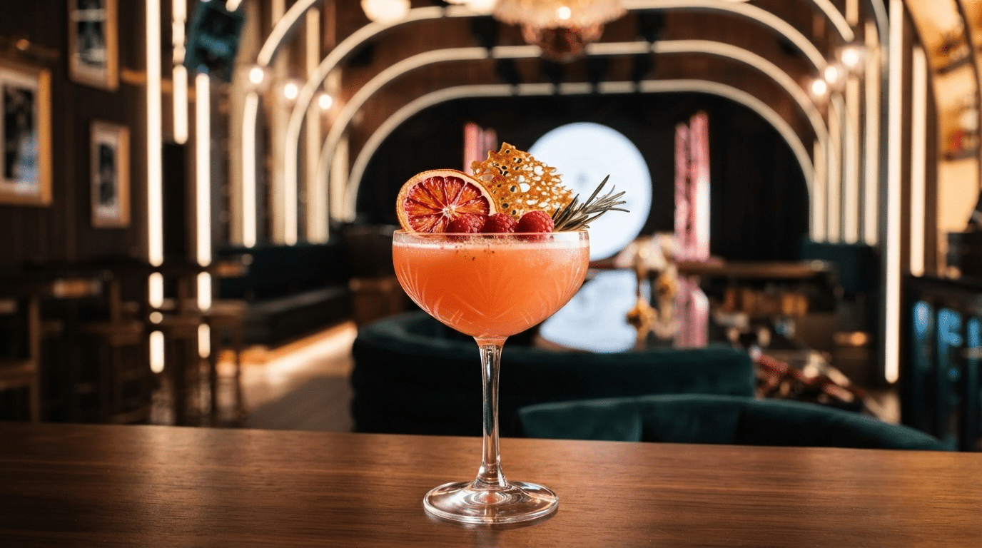 Photogenic cocktails in San Diego featuring a colorful signature drink with fresh garnish in a stylish downtown lounge.