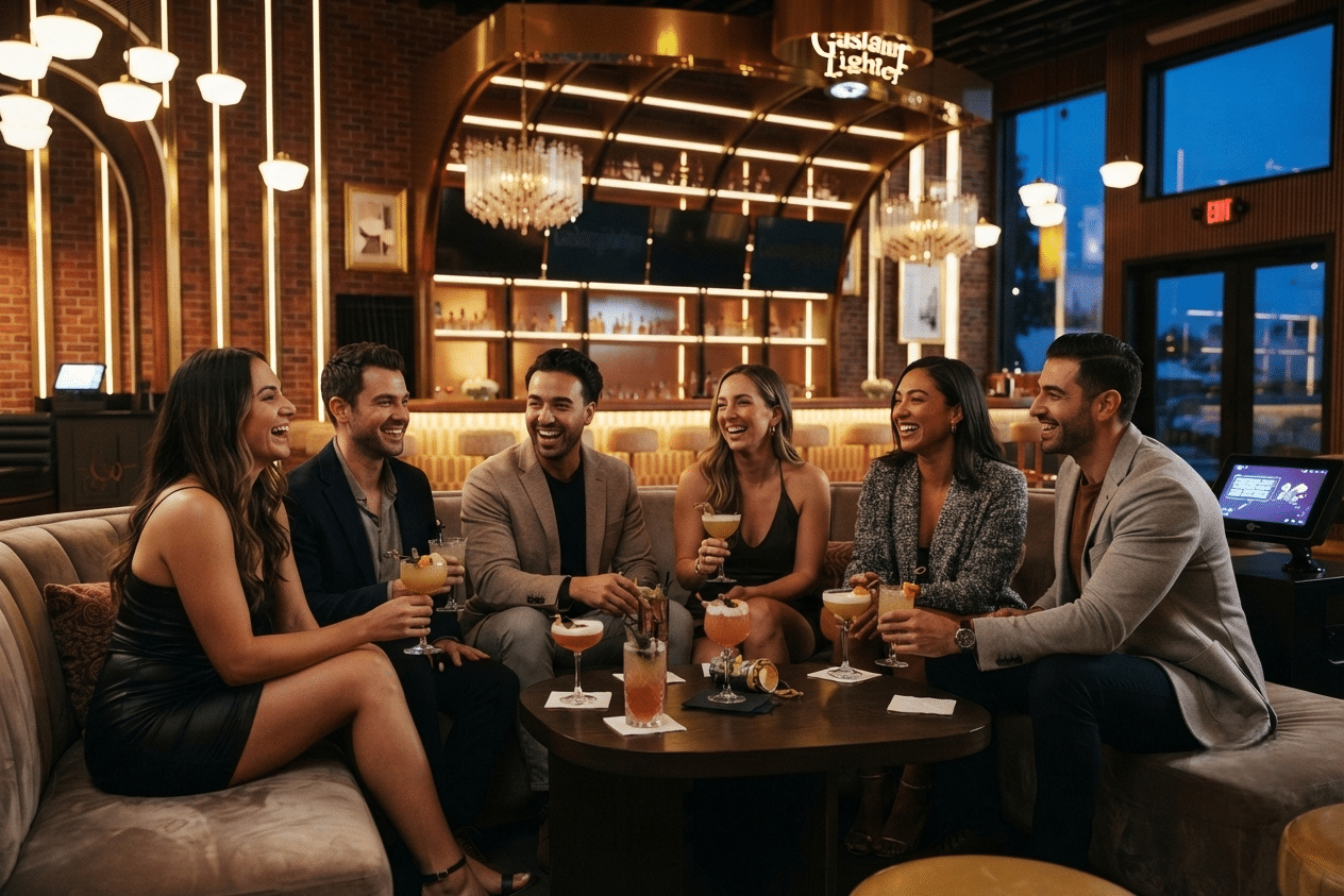 Friends enjoying social club meetup spots in San Diego with cocktails and a welcoming lounge atmosphere.