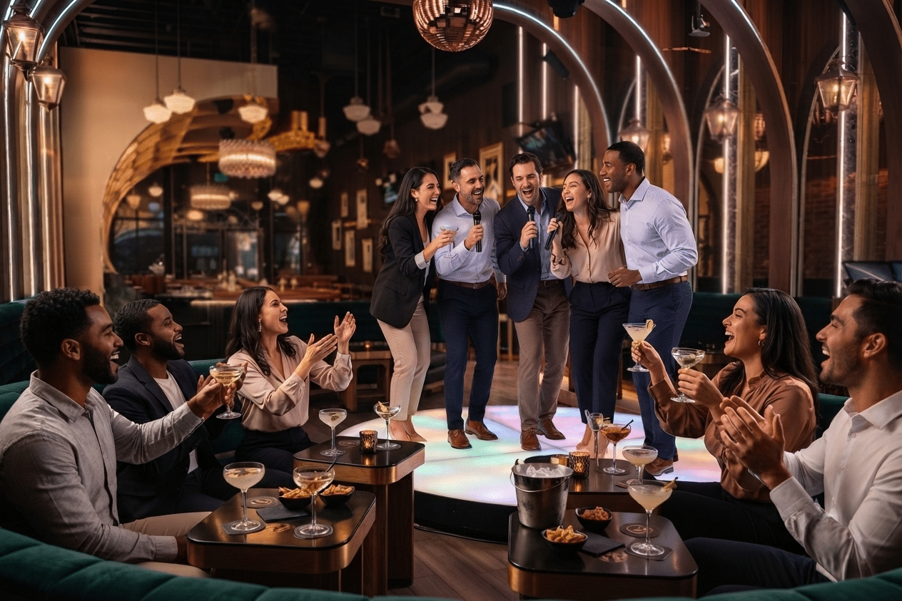 Corporate team enjoying group karaoke as a fun team-building activity during a company event in downtown San Diego.
