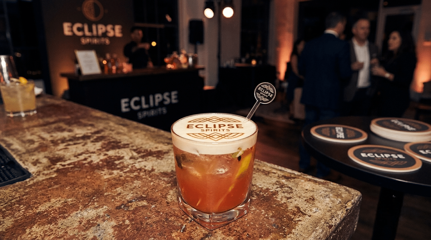Custom branded cocktail served at a startup brand launch event