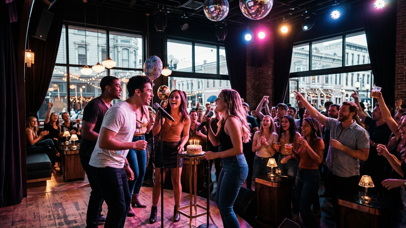 Guest singing karaoke on stage at Gaslamplighter in San Diego