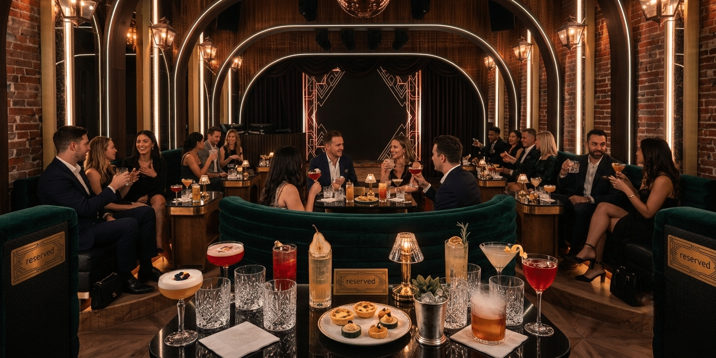 Private event lounge seating at a 1920s-inspired San Diego cocktail bar