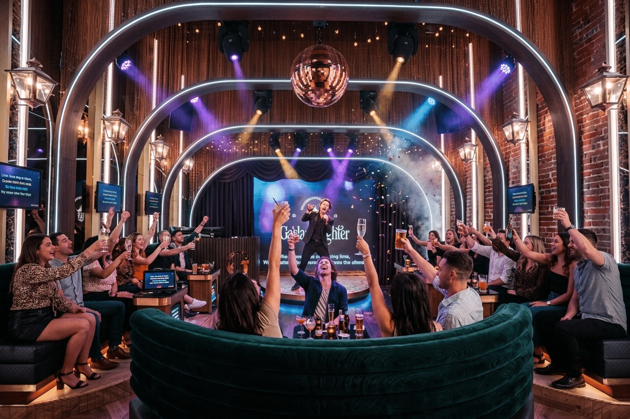 Crowd cheering during karaoke night at a Gaslamp Quarter bar