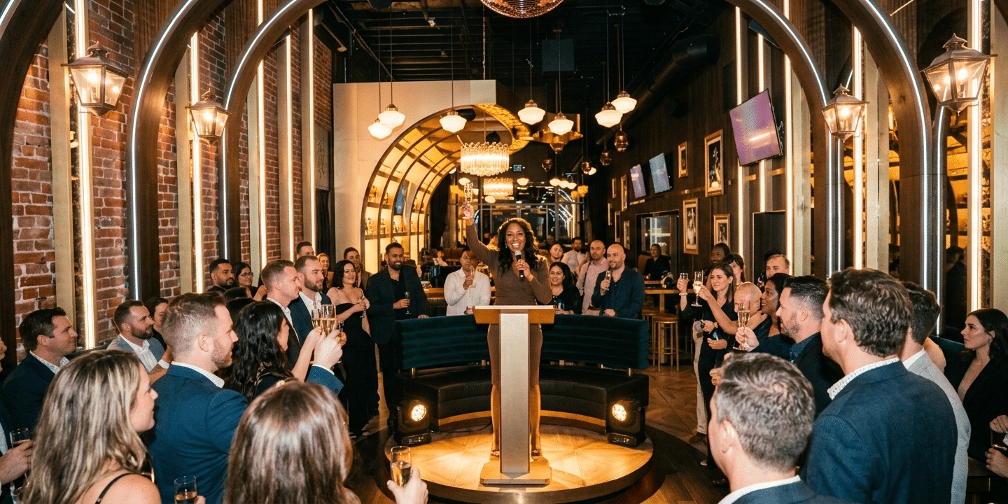 Guests gathered around a stage during a startup launch party toast