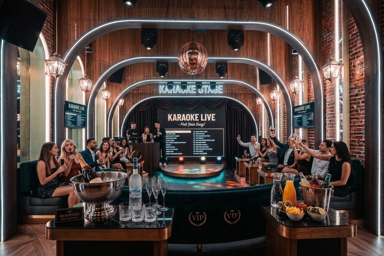 VIP karaoke booth with bottle service near the stage at Gaslamplighter