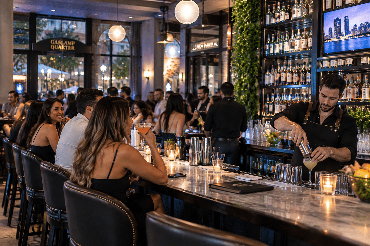 Aperitivo Hour cocktail and small-plates spread at a cocktail bar