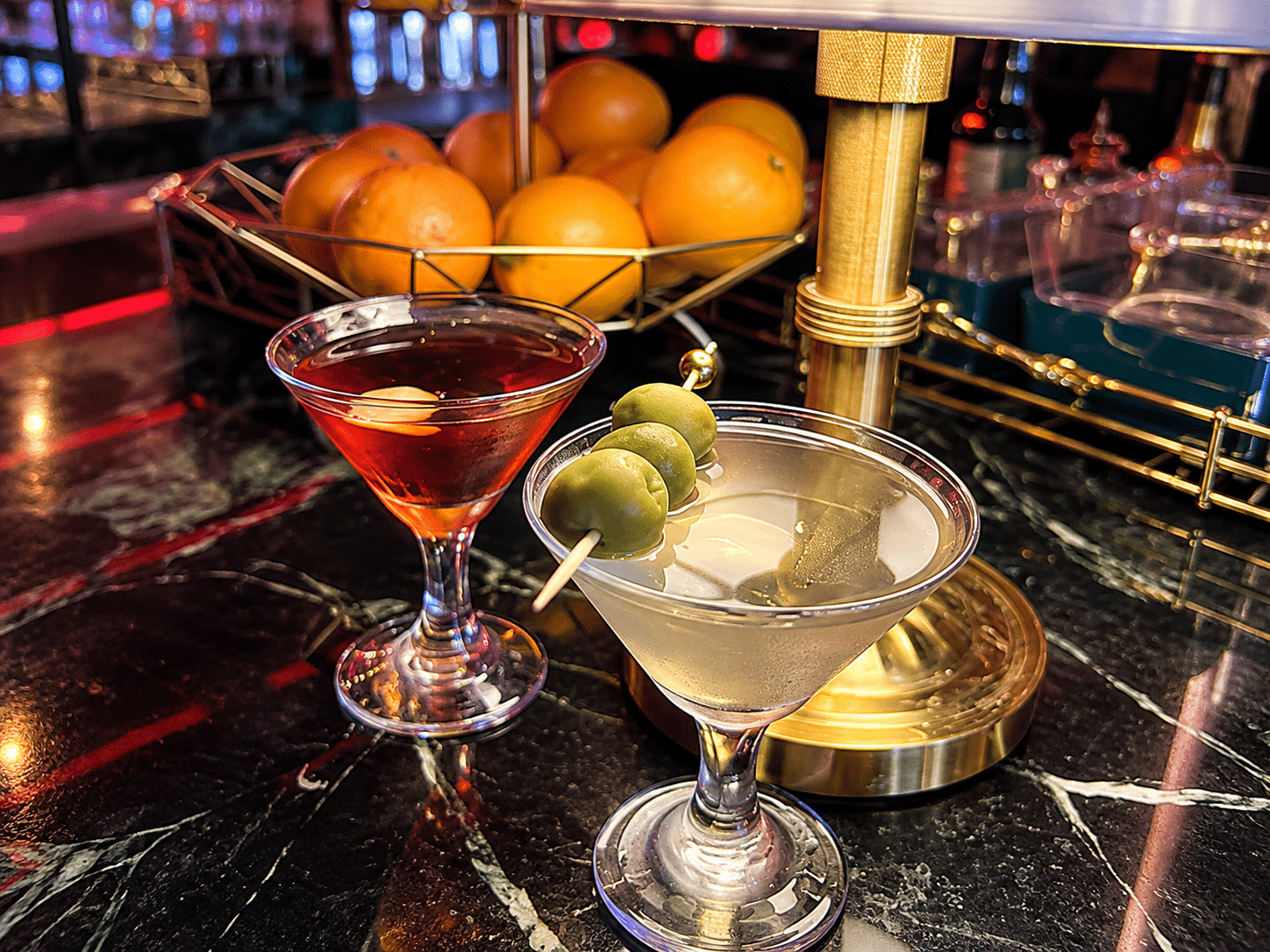 Espresso martini and spritz cocktails on the bar during karaoke night in the Gaslamp Quarter
