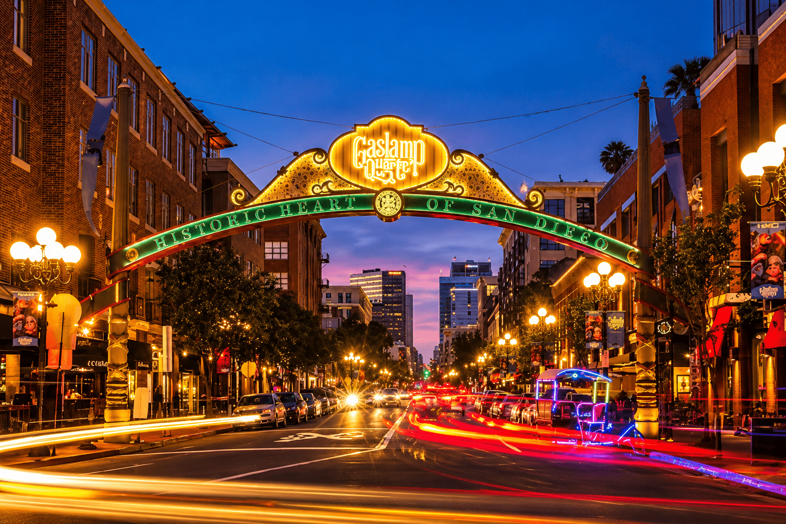 Market Street in San Diego's Gaslamp Quarter at dusk before a night out