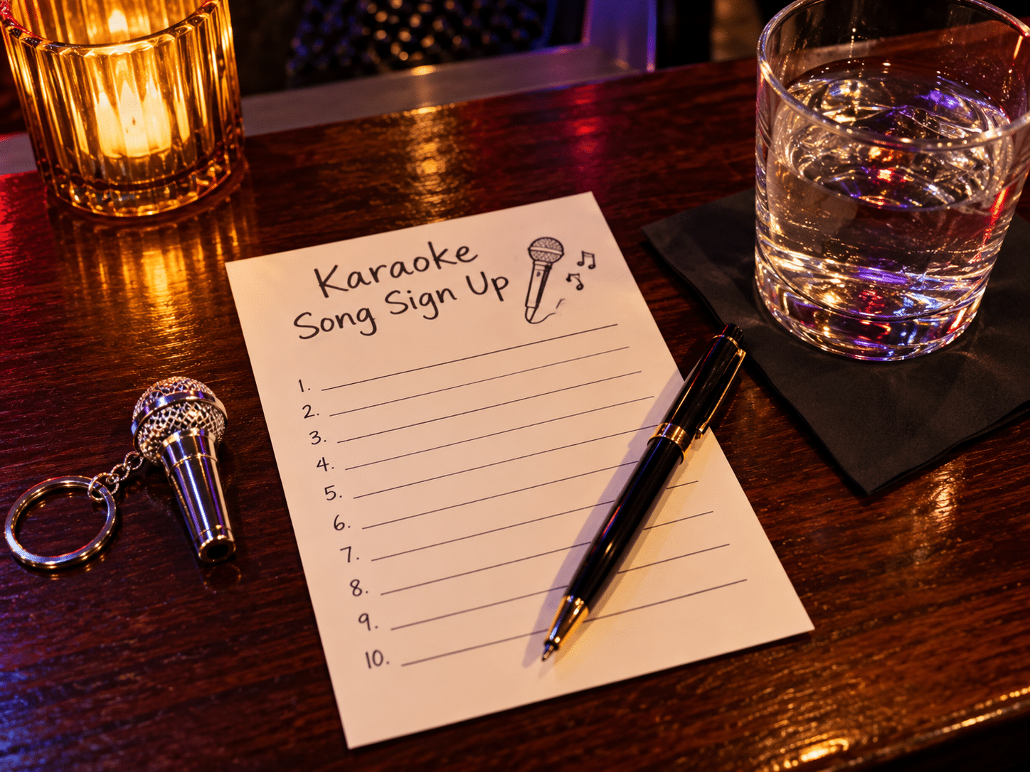 Karaoke sign up card, pen and water glass arranged on a bar top