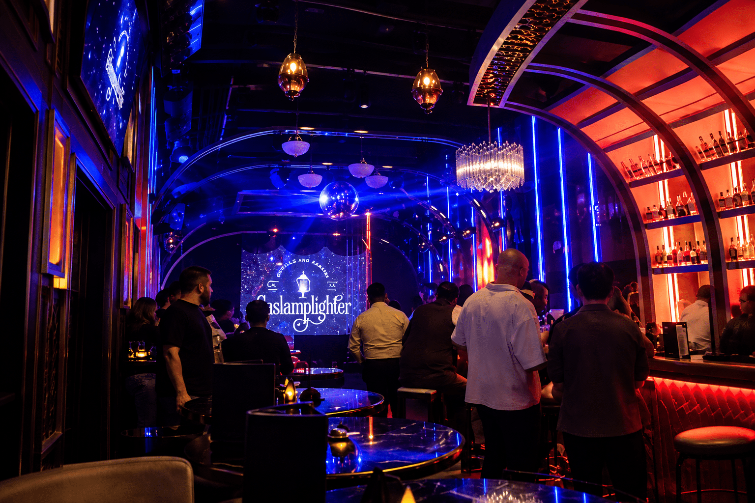VIP booth with champagne on ice facing the karaoke stage at Gaslamplighter